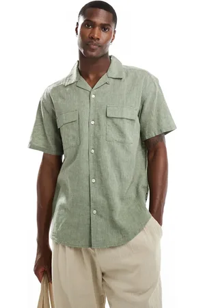Only & Sons Revere collar linen shirt with pocket detail in khaki