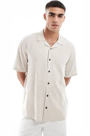 Threadbare Linen mix revere collar shirt in stone