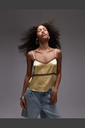 Topshop Satin lace cami in yellow with brown lace