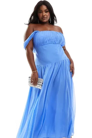 ASOS ASOS DESIGN Curve drape off shoulder dropped waist maxi dress in cornflower
