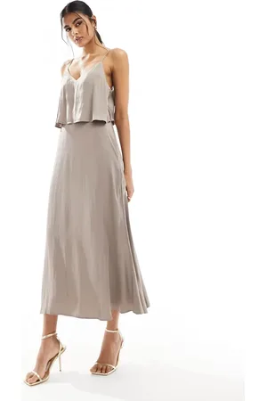 VILA Hammered satin cami maxi dress with tiered top in taupe