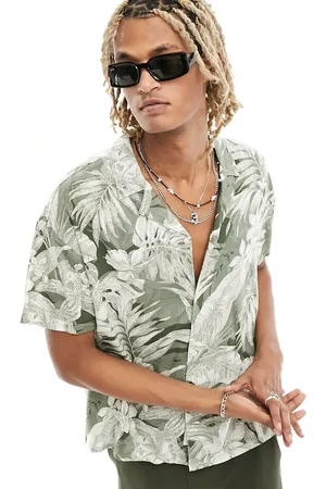 Native Youth Tropical print revere short sleeve shirt in khaki