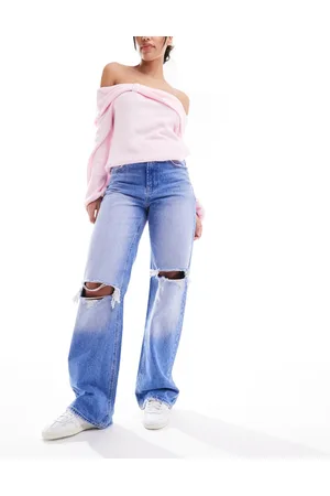Stradivarius Wide leg jean with rips in washed medium