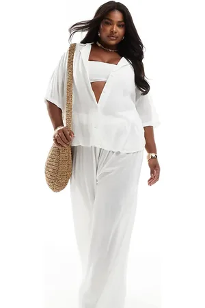 ASOS Curve crinkle co-ord wide leg beach trouser in white