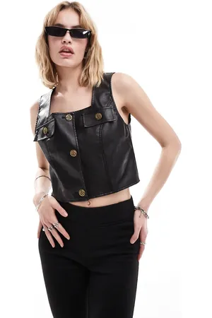 Lioness Leather look square neck button through top in