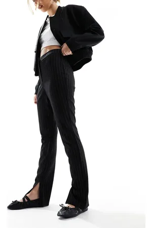 4th & Reckless High waisted split leg flared trousers in black pinstripe
