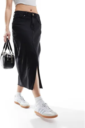 Pieces® Front split denim midi skirt in washed