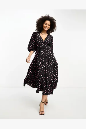 Glamorous Baloon sleeve wrap midi dress in pink spot