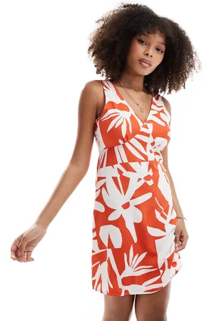 ONLY V neck a-line tie back mini dress in abstract print