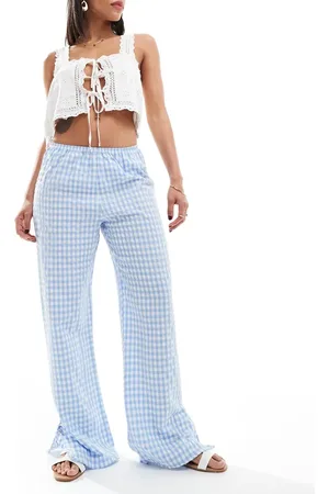 Miss Selfridge Pull on cotton poplin wide leg gingham trouser with tie side detail in