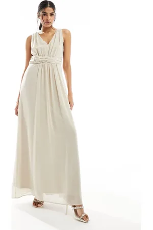 VILA Bridesmaid wrap waist detail maxi dress with pleat front in stone