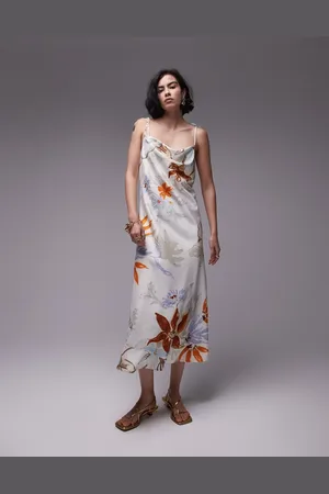 Topshop Square neck tie shoulder cami slip midi dress in bold floral