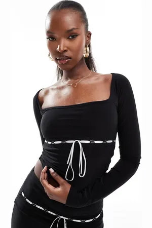 Kaiia Square neck contrast bow detail long sleeve top co-ord in