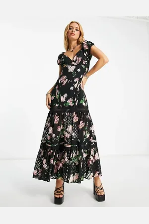 ASOS Pintuck maxi dress with lace inserts in black floral print