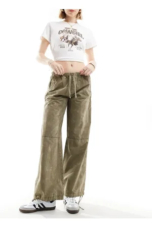 Pull&Bear Drawstring hem relaxed poplin trouser in washed khaki