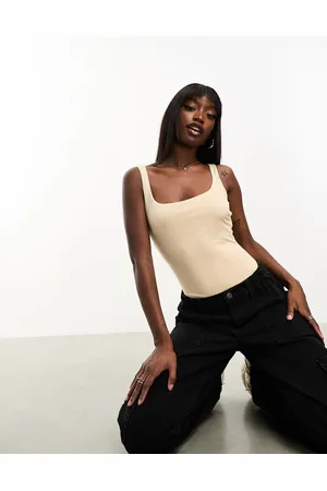 NaaNaa Double lined square neck bodysuit in beige