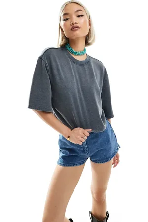 Monki Short sleeve relaxed fit cropped t-shirt in grey acid wash