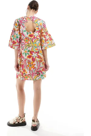 Native Youth Flower cut-out back mini smock dress in