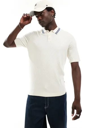 Only & Sons Regular fit stripe collar knitted polo in cream