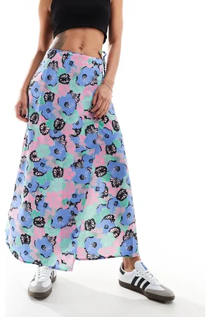 Monki Wrap front midi skirt in artsy pastel flowers print