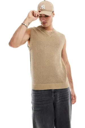 Only & Sons V neck open knit vest in beige