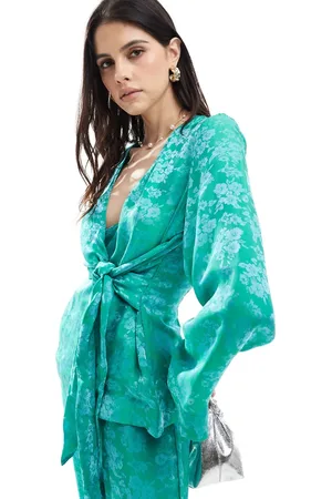 Y.A.S Y.A.S satin wide sleeve tie wrap top co-ord in teal jacquard floral
