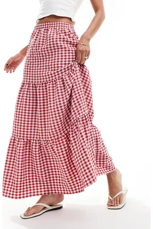 Miss Selfridge Tiered maxi gingham skirt in