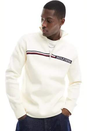 Tommy Hilfiger Global stripe zip mock neck jumper in cream