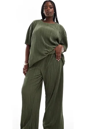 ONLY Boxy plisse wide leg trousers co-ord in khaki