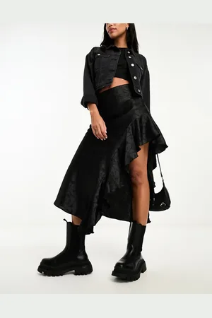 Miss Selfridge Satin jacquard asym ruffle maxi skirt in