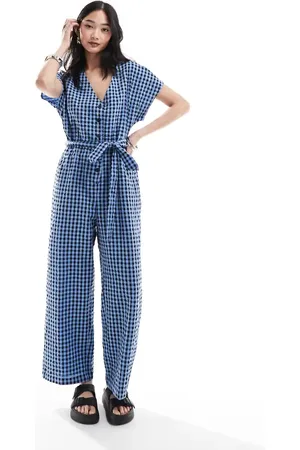 Monki Seersucker tie waist jumpsuit in blue and black gingham