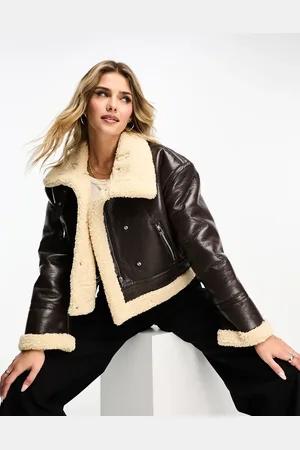Pull&Bear Faux fur trim cropped aviator in dark