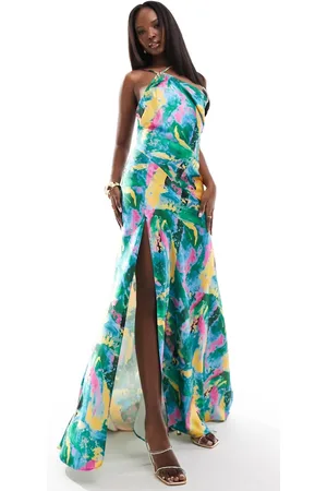 True Violet Satin one shoulder slip maxi dress in abstract print
