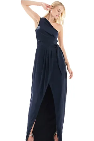 TFNC Bridesmaids one shoulder maxi dress with pleated detail in navy