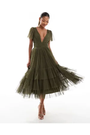Lace & Beads Bridesmaid Madison v neck tulle midi dress in deep olive
