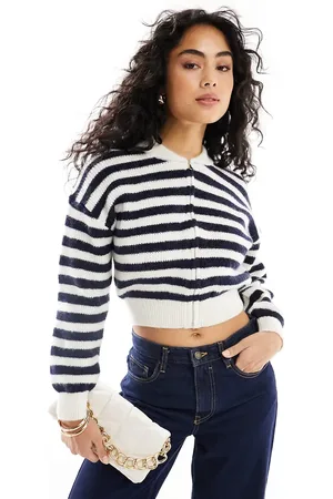 MANGO Zip through stripe cardigan in and white