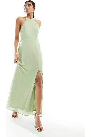 VILA Bridesmaid halterneck strappy cross back maxi dress in sage