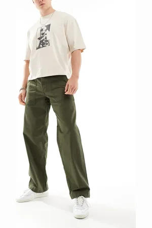 JACK & JONES Wide fit herringbone worker trouser in khaki
