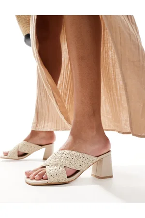 New Look Cross strap crochet mid heeled sandal in off