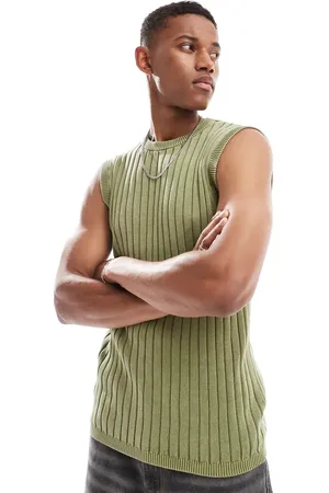 ASOS Muscle fit washed knitted vest in khaki rib