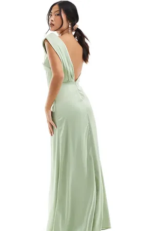 TFNC Bridesmaid satin one shoulder drape maxi dress in sage