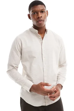 JACK & JONES Linen shirt with grandad neck in beige