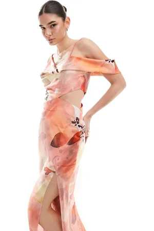 ASOS Satin asymmetric shoulder maxi dress with cut out detail in overscale floral print