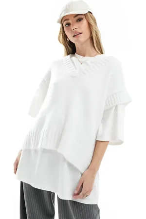 Miss Selfridge Oversized V neck knitted vest in cream