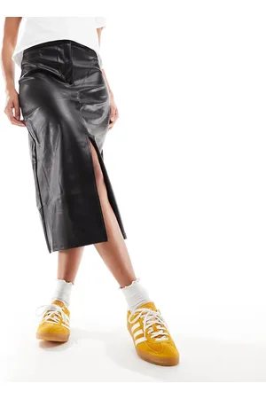 Pieces® Faux leather high waisted midi skirt in