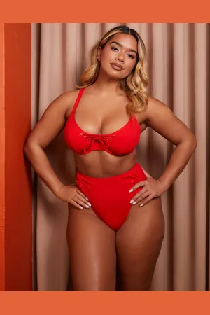 Wolf & Whistle X Natalie Gessey Fuller Bust high waist bikini bottom in with tie detail