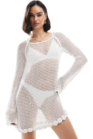 MANGO Crochet rose detail long sleeve mini dress in