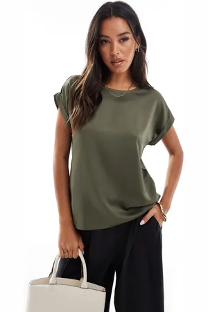 VILA Satin front t-shirt with turn up sleeve in dusty olive