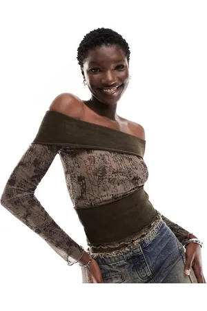 Reclaimed Long sleeve off shoulder mesh hybrid top