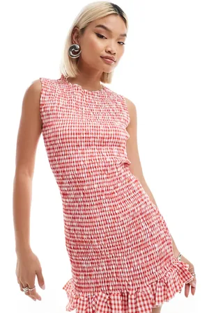 Daisy Street Shirred mini frill hem dress in gingham